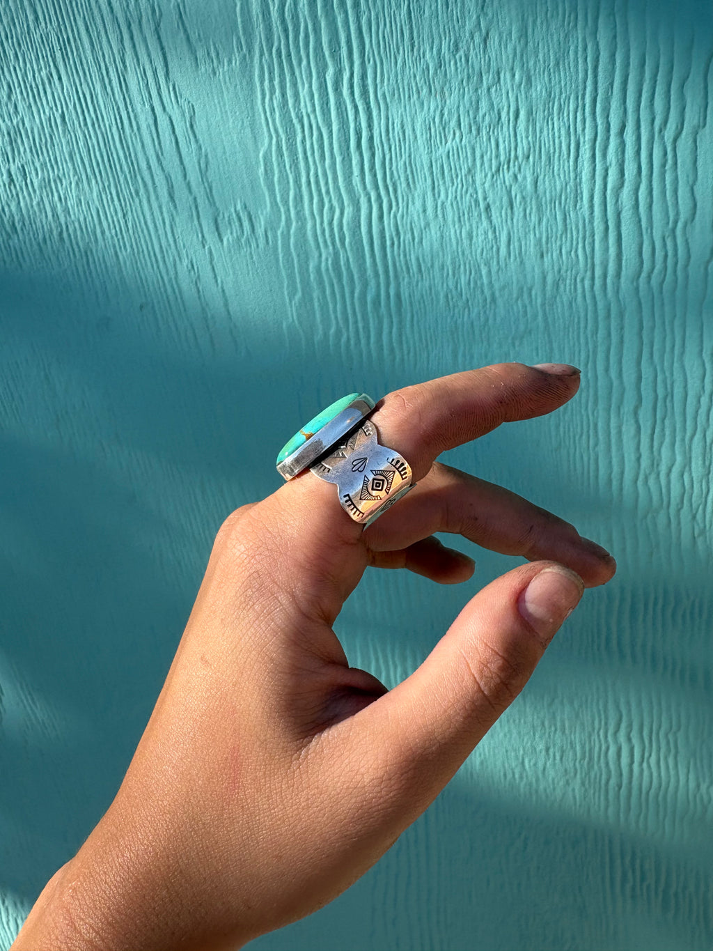 Stamped Turquoise Mountain Ring Size 7.5