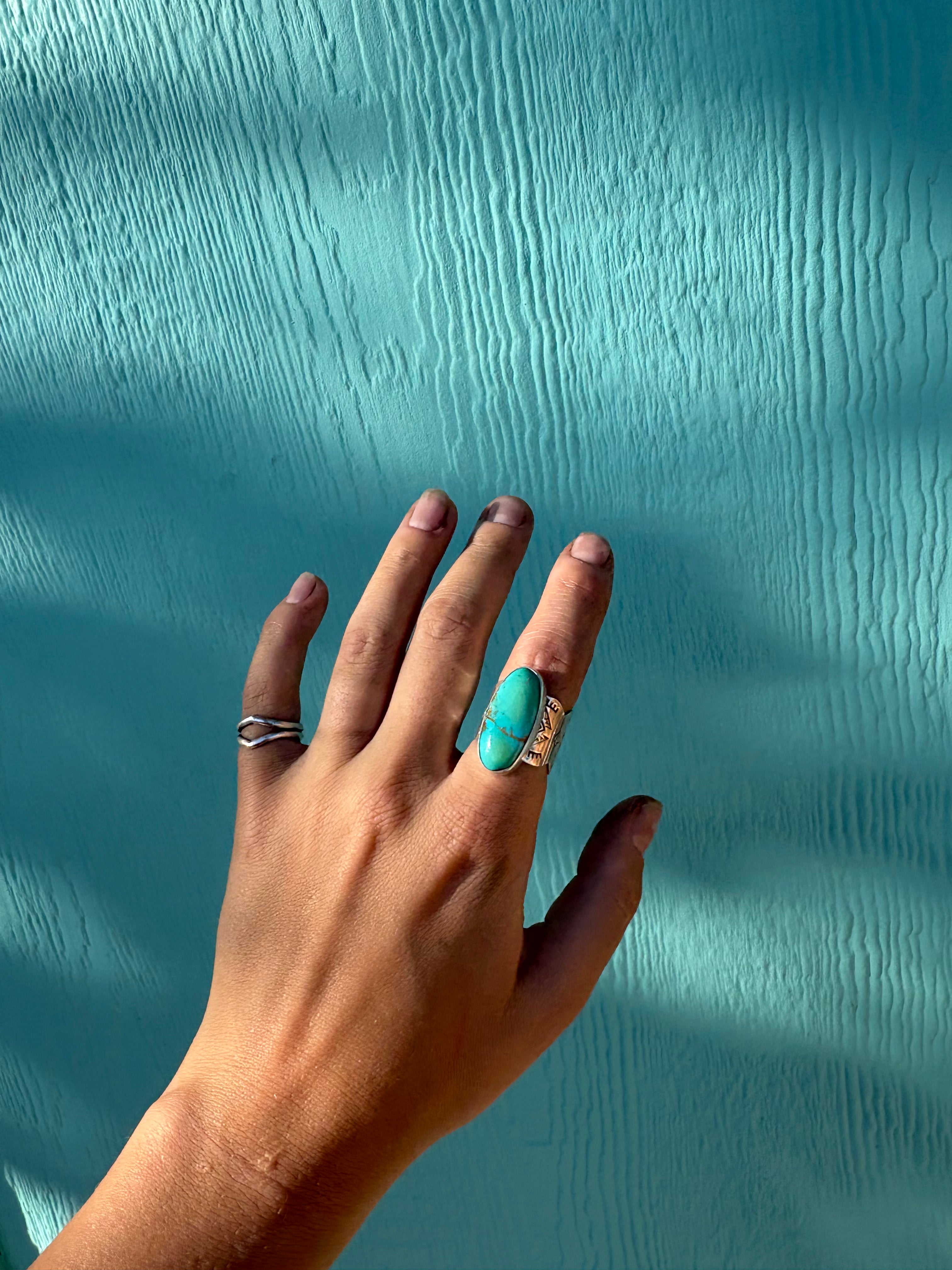 Stamped Turquoise Mountain Ring Size 7.5